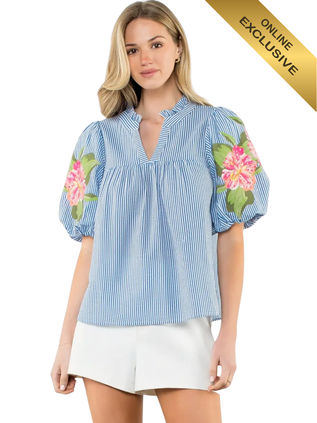 Seersucker Embroidered Sleeve Top