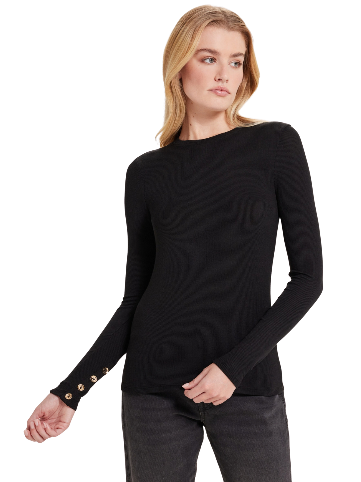 Button Sleeve Crew Neck Top_Goldie Lewinter_24300-BLK