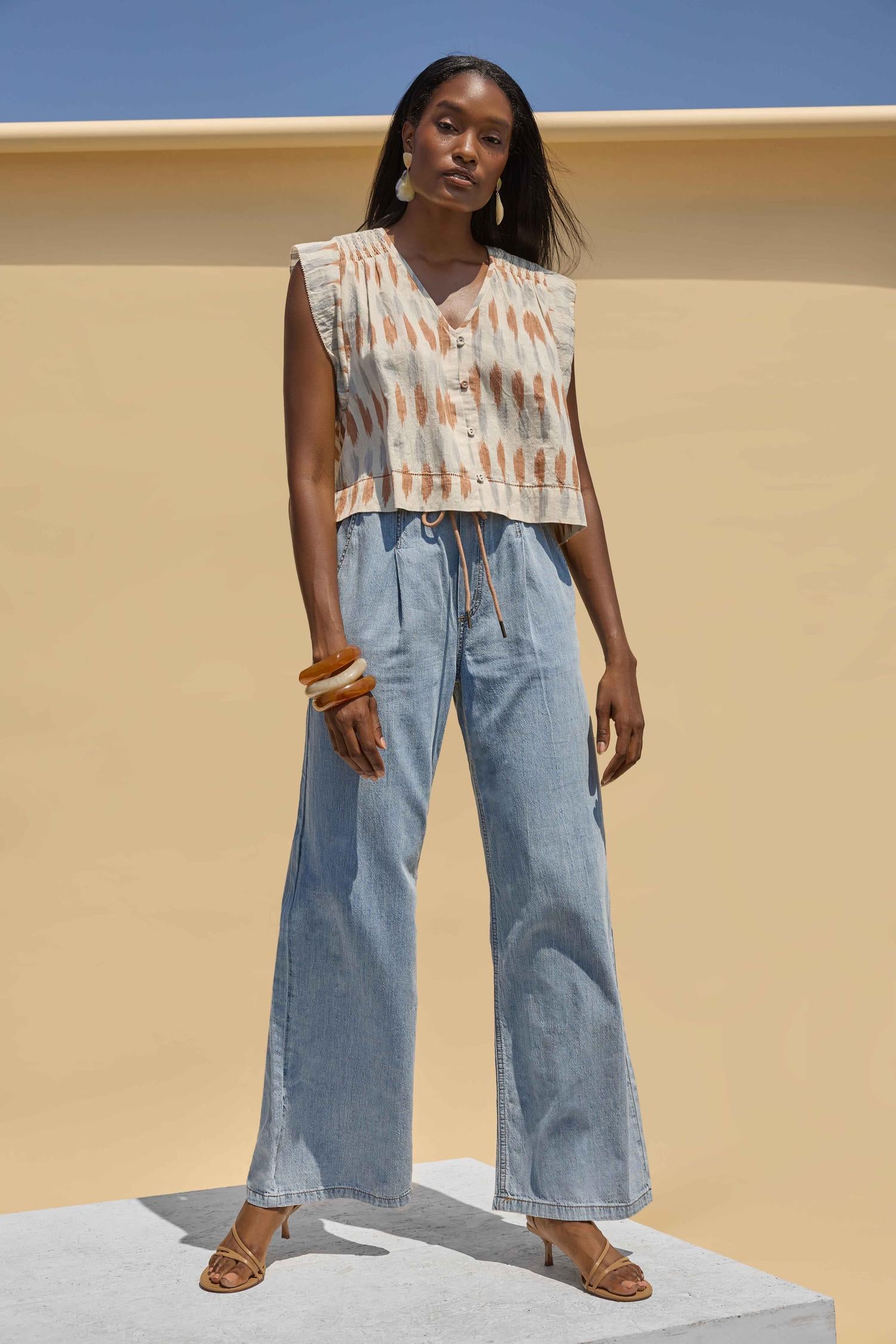 Ikat Shirred Shoulder Top