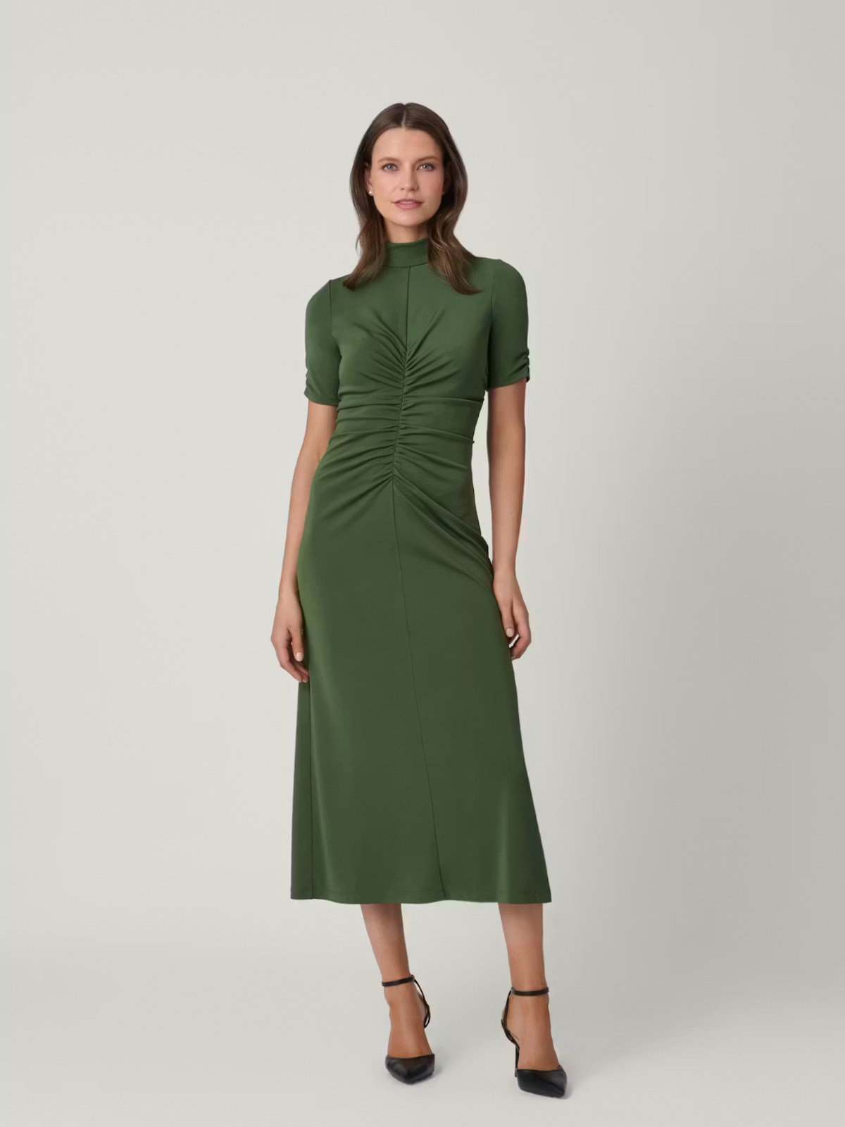 Shelly Ruched Midi Dress_Shoshanna_12281383-Olive