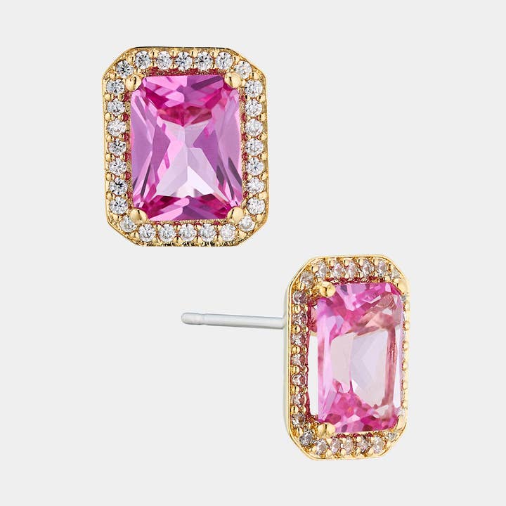 Modern Love Pink Emerald Halo Stud Earrings