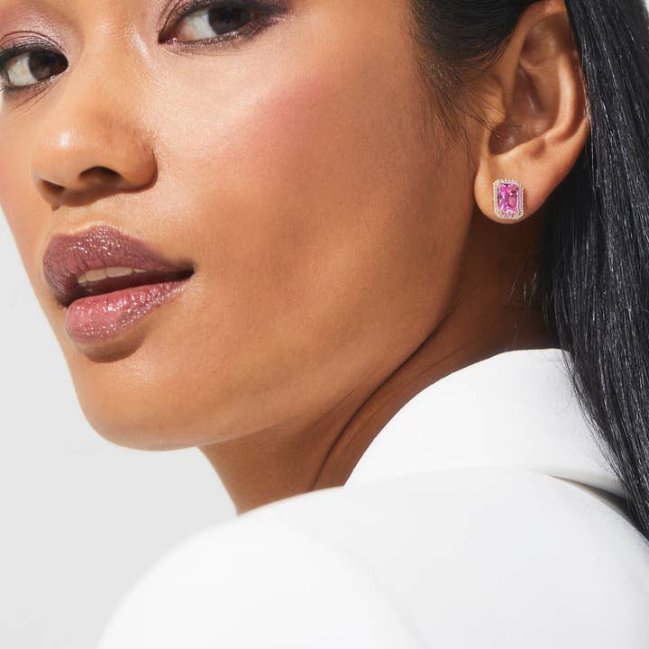 Modern Love Pink Emerald Halo Stud Earrings
