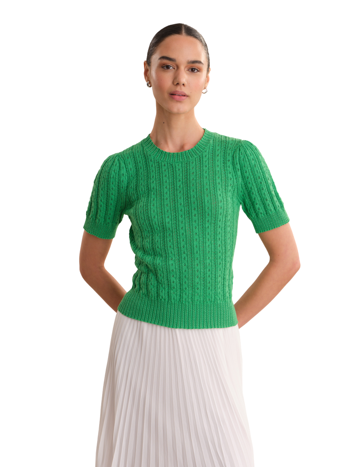 Arden Pointelle Puff Sleeve Pullover_525 America_110047419