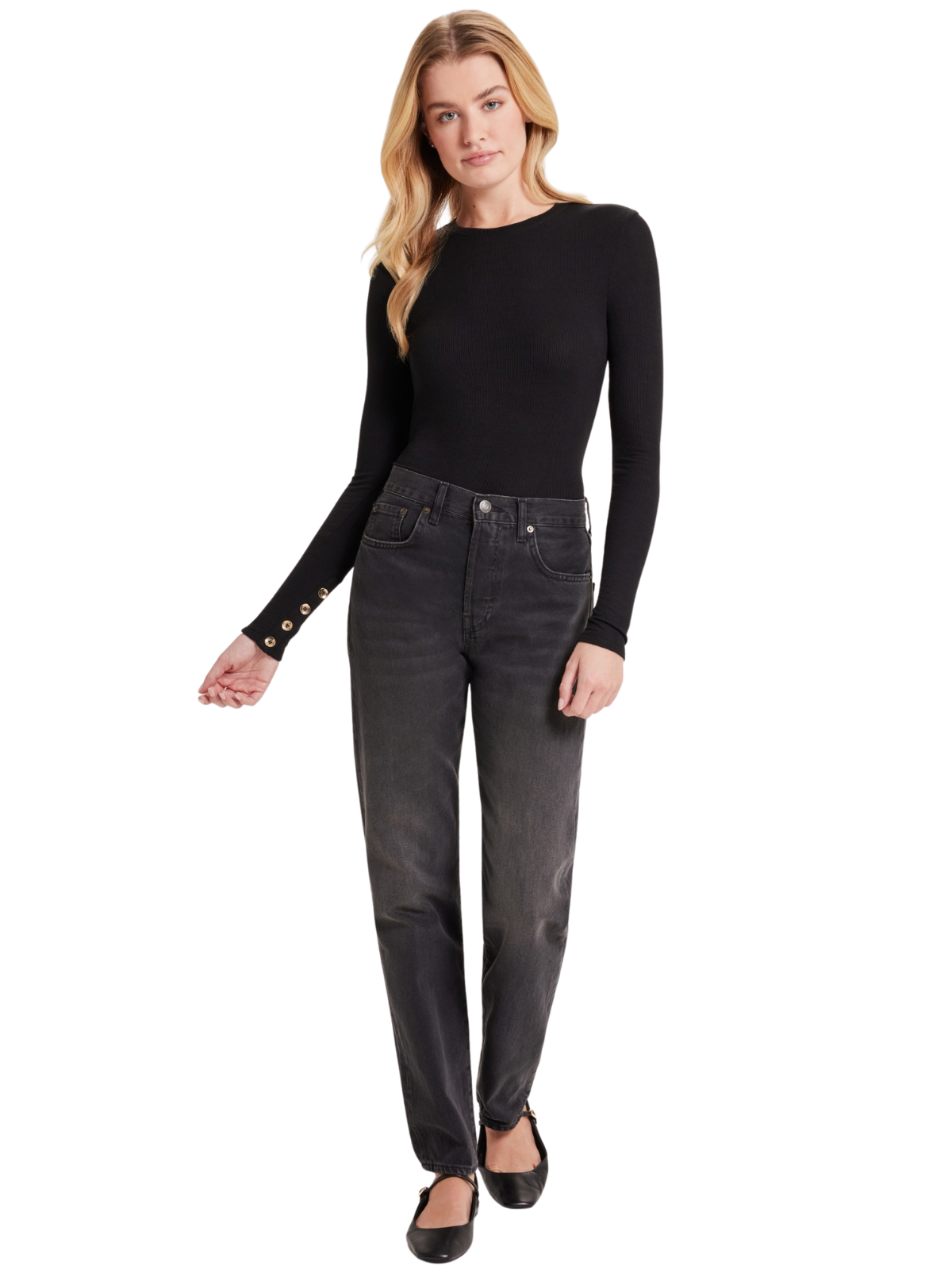 Button Sleeve Crew Neck Top_Goldie Lewinter_24300-BLK
