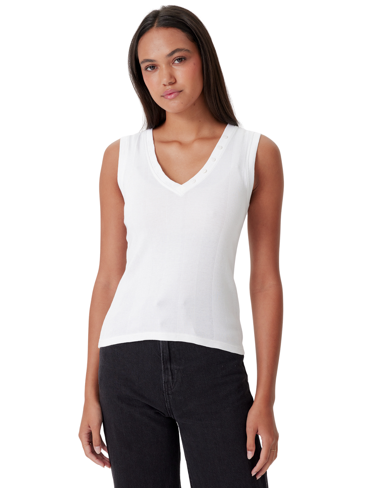Cotton Rib Tank With V-Neck Buttons_Goldie Lewinter_25215WHT