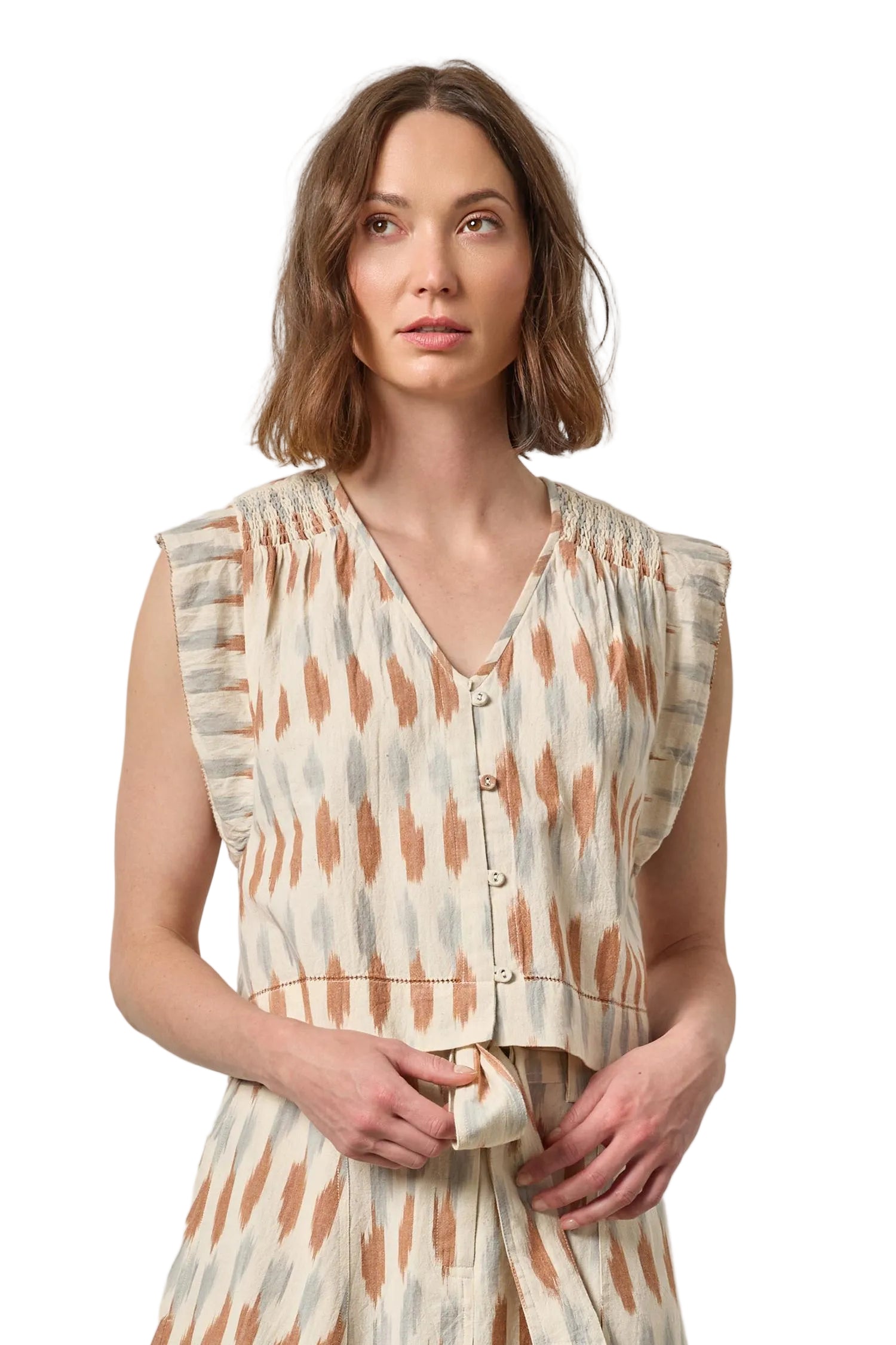 Ikat Shirred Shoulder Top