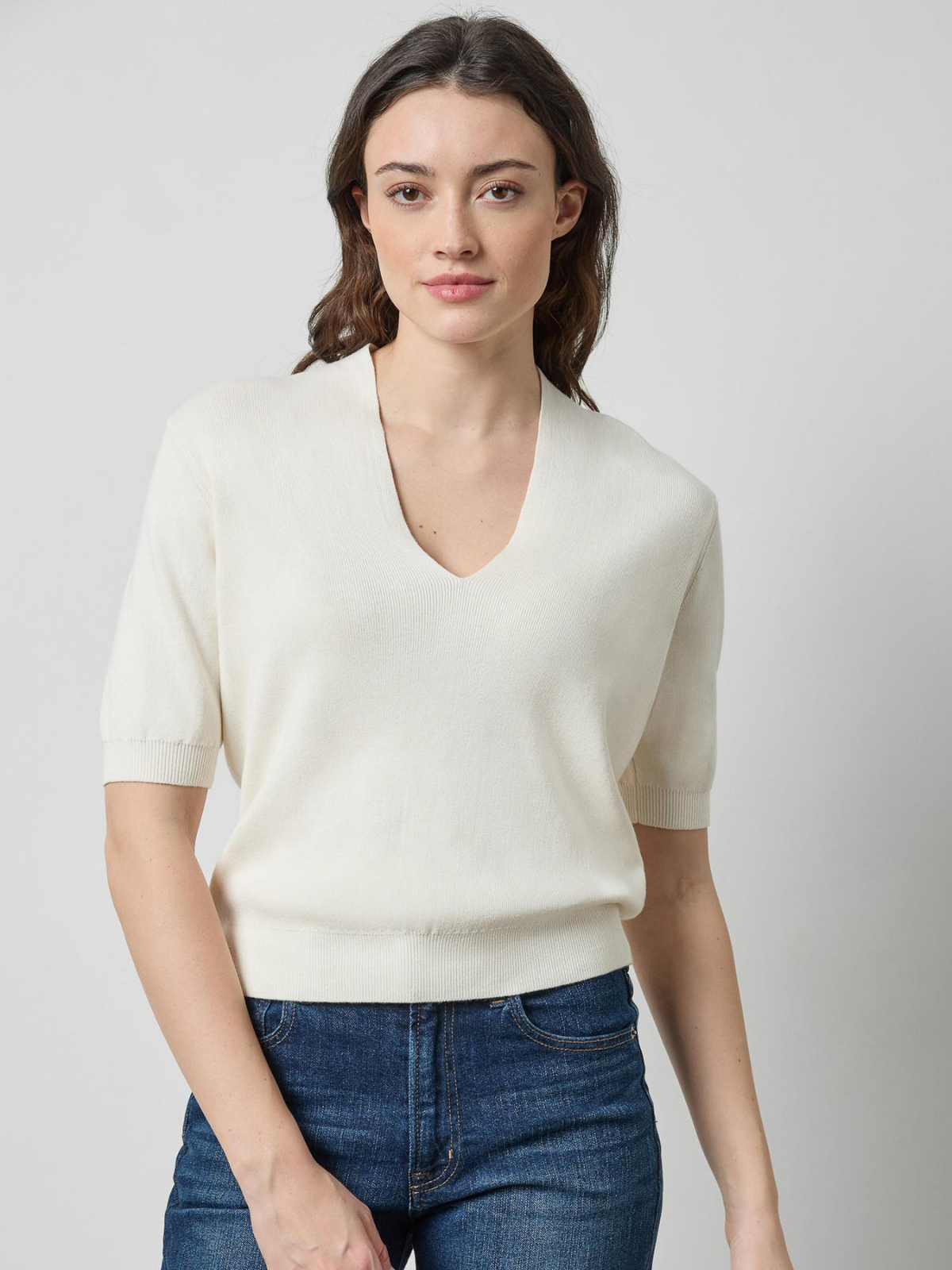 V-Neck Elbow Sleeve Sweater_Lillap_PA3496-IVRY