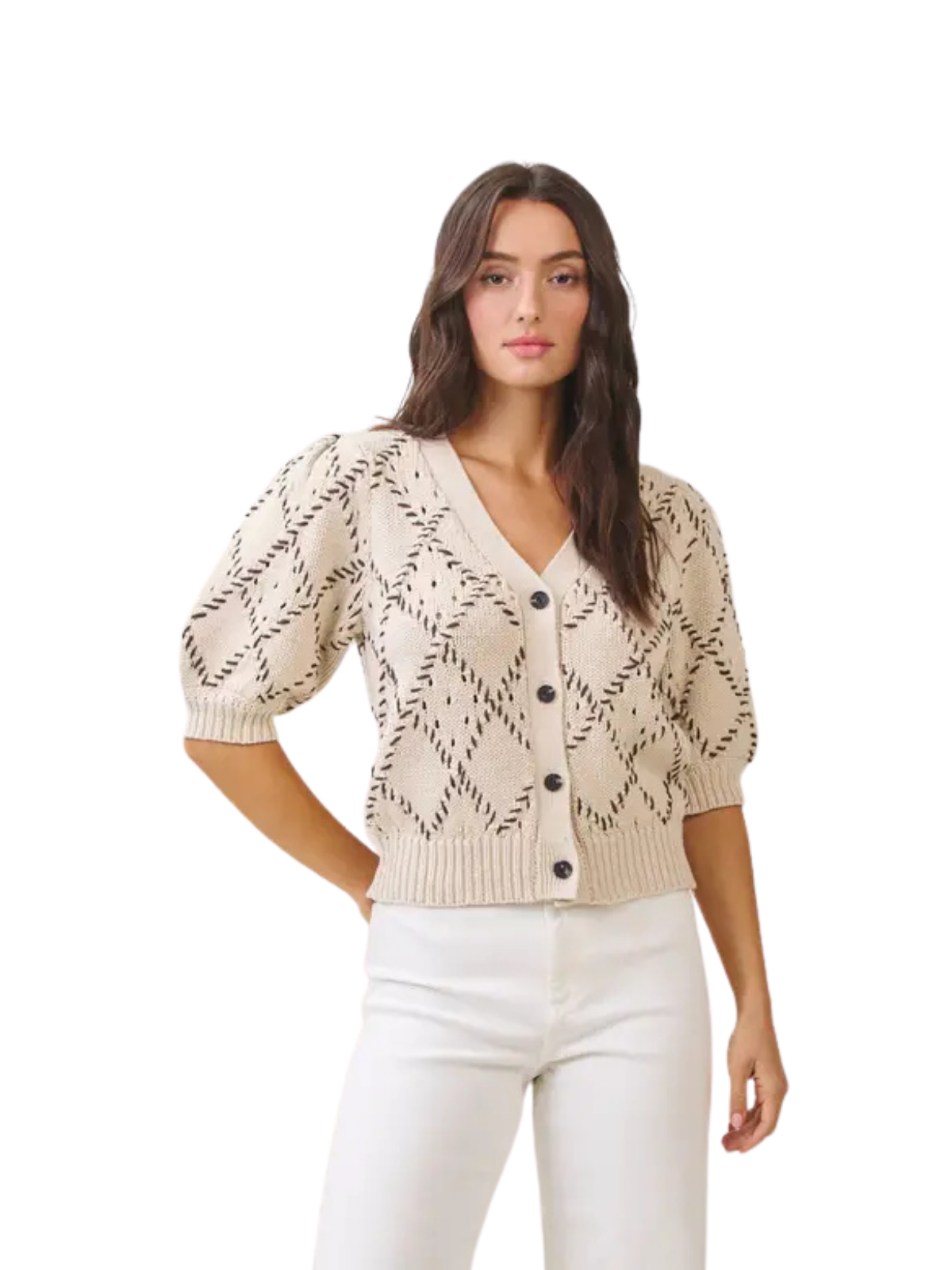Whipstitch Diamond Half Sleeve Cardigan_Able_AT2930