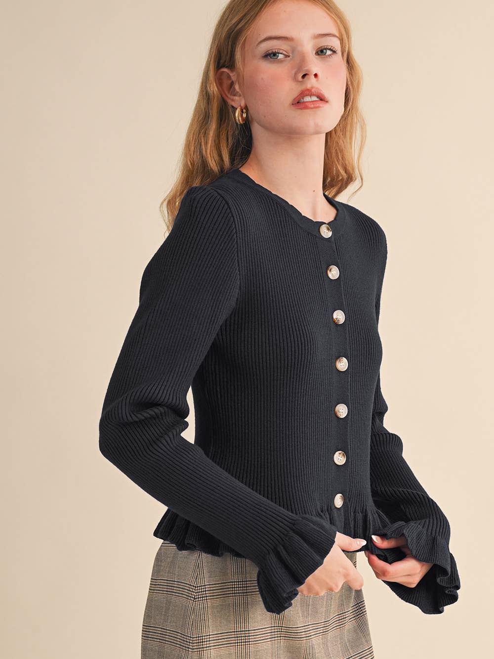 Ruffle Hem Ribbed Knit Sweater Cardigan