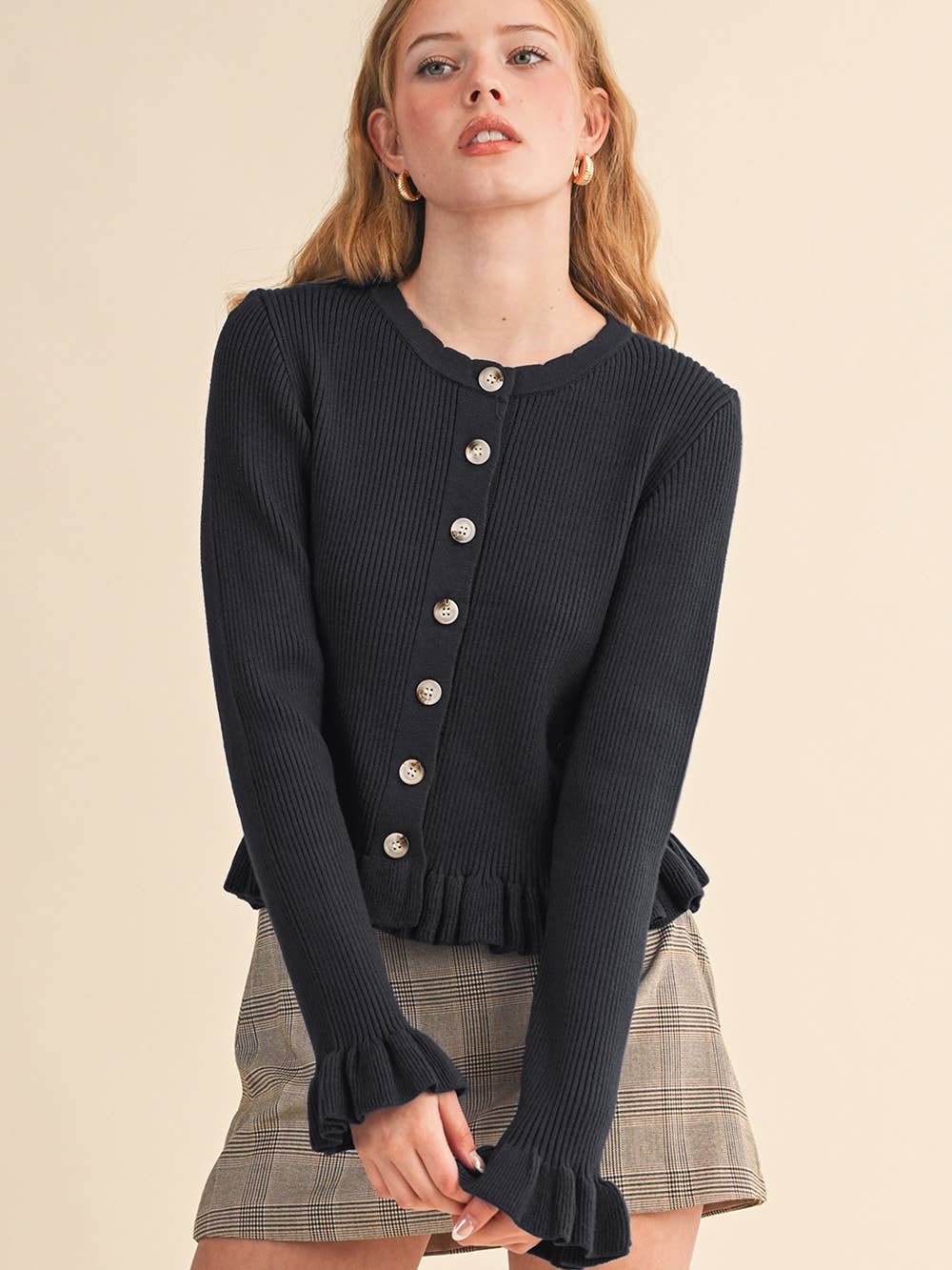 Ruffle Hem Ribbed Knit Sweater Cardigan